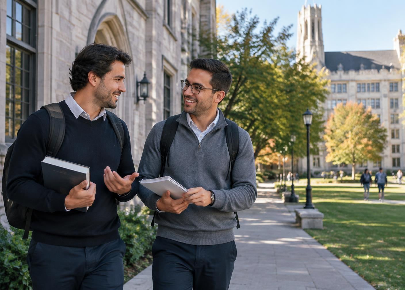 Dois brasileiros conversando em um campus universitário